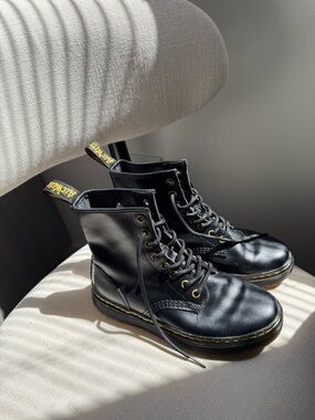 Dr. Martens Black Leather Lace-Up Ankle Boots with Yellow Stitching